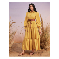 SHEIN Modely فستان بحزام كم مدرز أكمام فانوس حافة مكشكشة