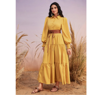 SHEIN Modely فستان بحزام كم مدرز أكمام فانوس حافة مكشكشة